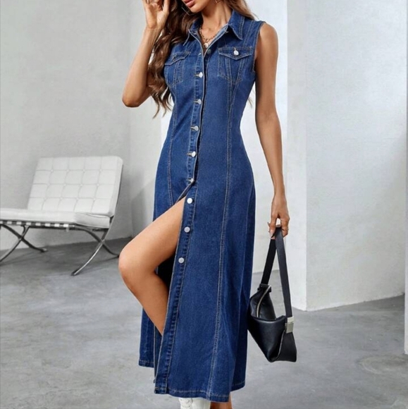 Flap Pocket Button Front Denim Dress - Picture 3 of 5